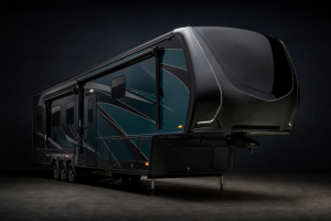 Fifth-wheel RV with dark teal and charcoal exterior