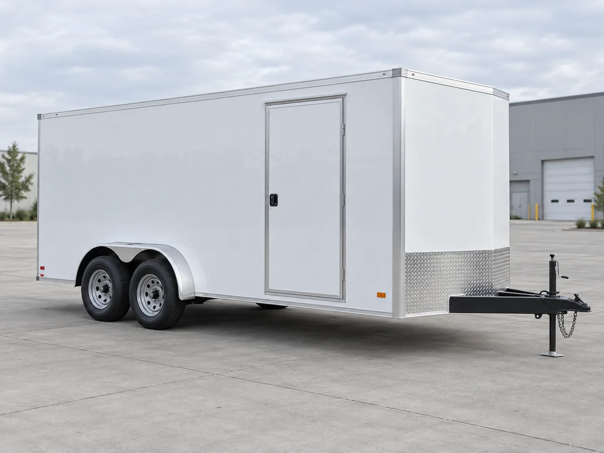 White enclosed tandem-axle cargo trailer