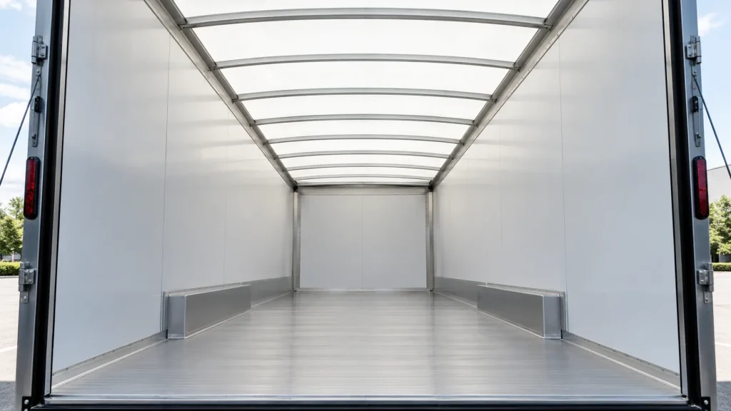 Cargo trailer interior lit by daylight through a Cargo Bright translucent composite roof