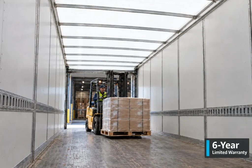 Forklift loading a pallet into a semi-trailer with a CargoBright translucent roof, with a 6-Year Limited Warranty badge