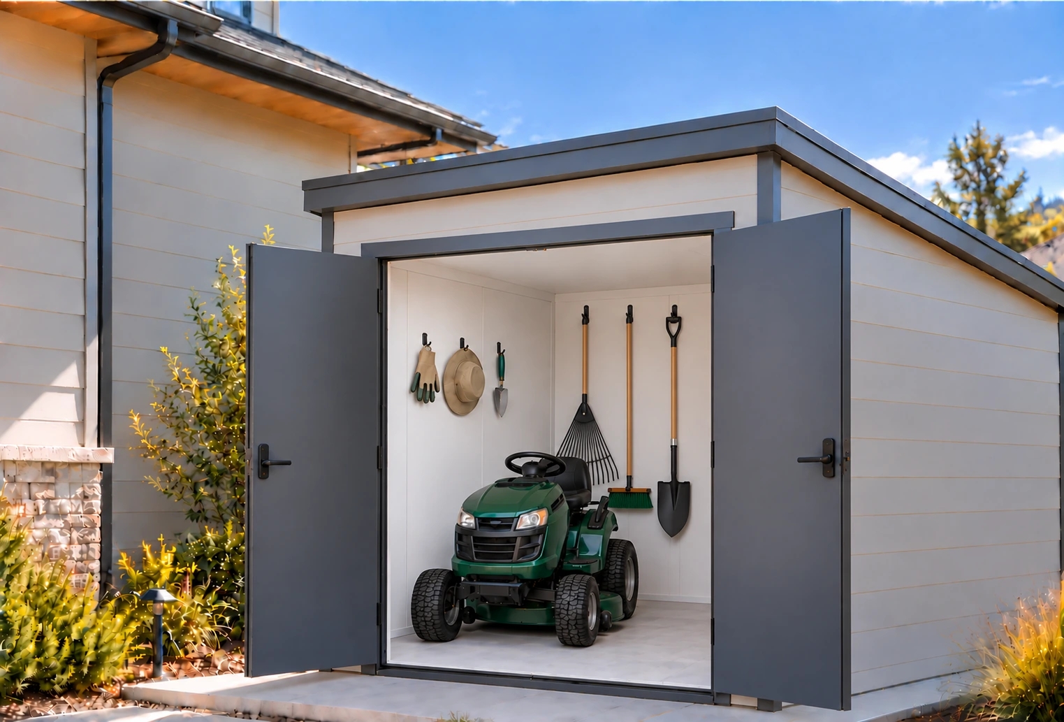Cut-sheet shed with plain double doors open on the high front wall, a mower inside, and a shallow roof sloping toward the rear