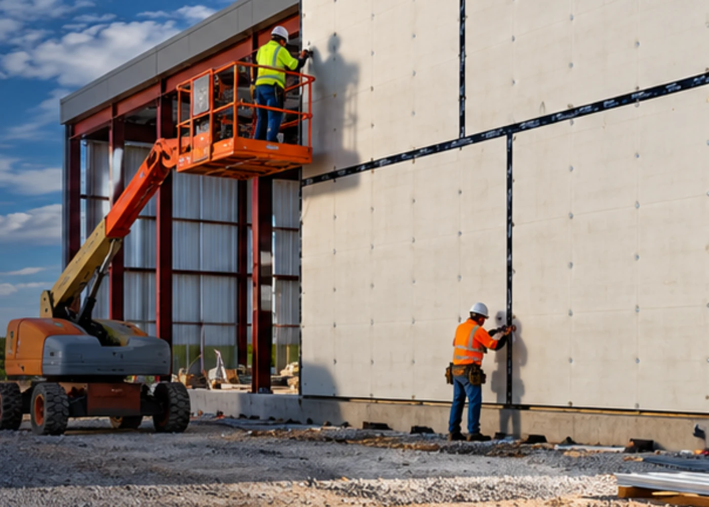 Workers installing insulated composite panels on an engineered steel frame