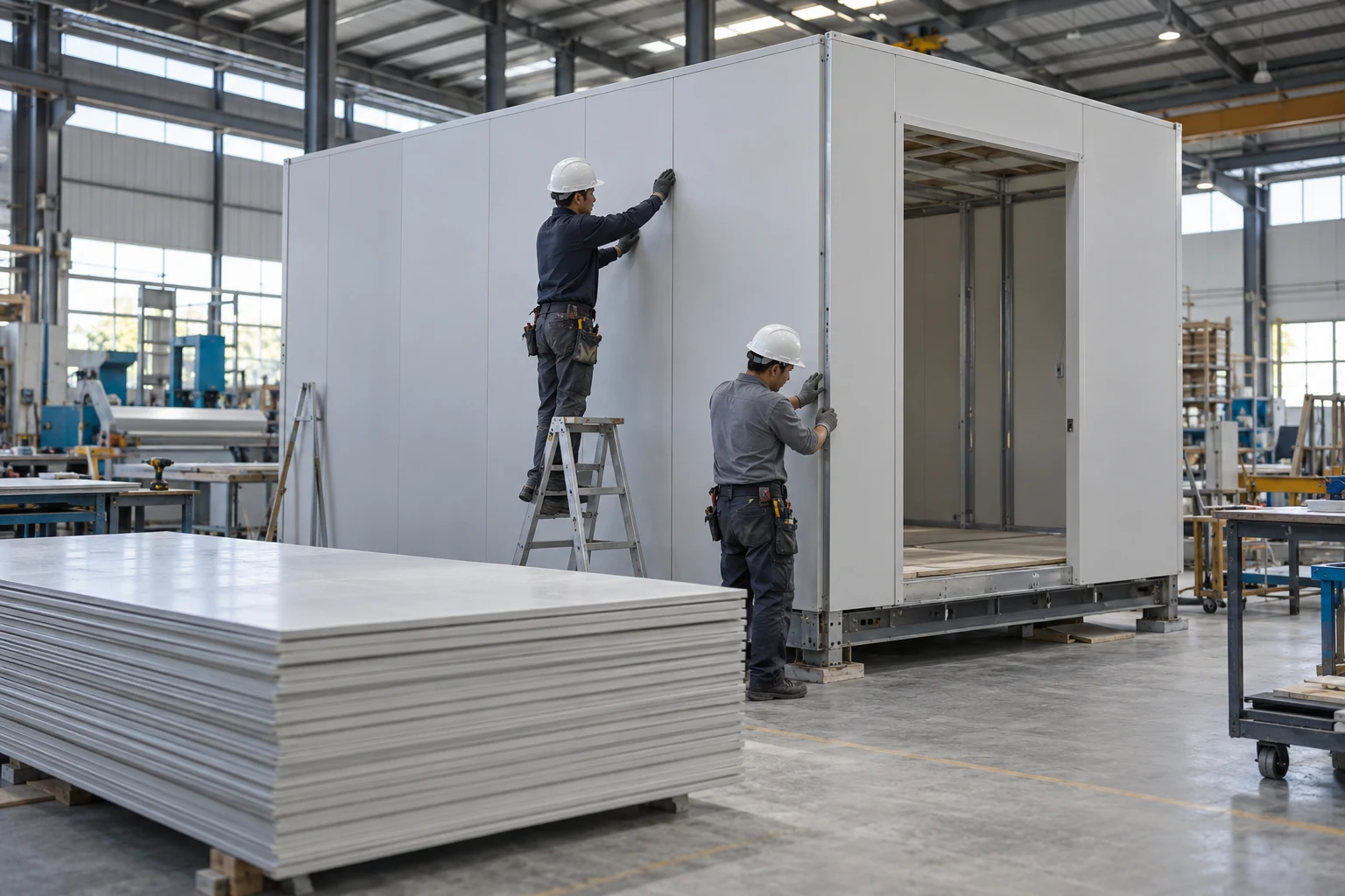 Workers assembling a prefabricated room module from panels in a manufacturing workshop