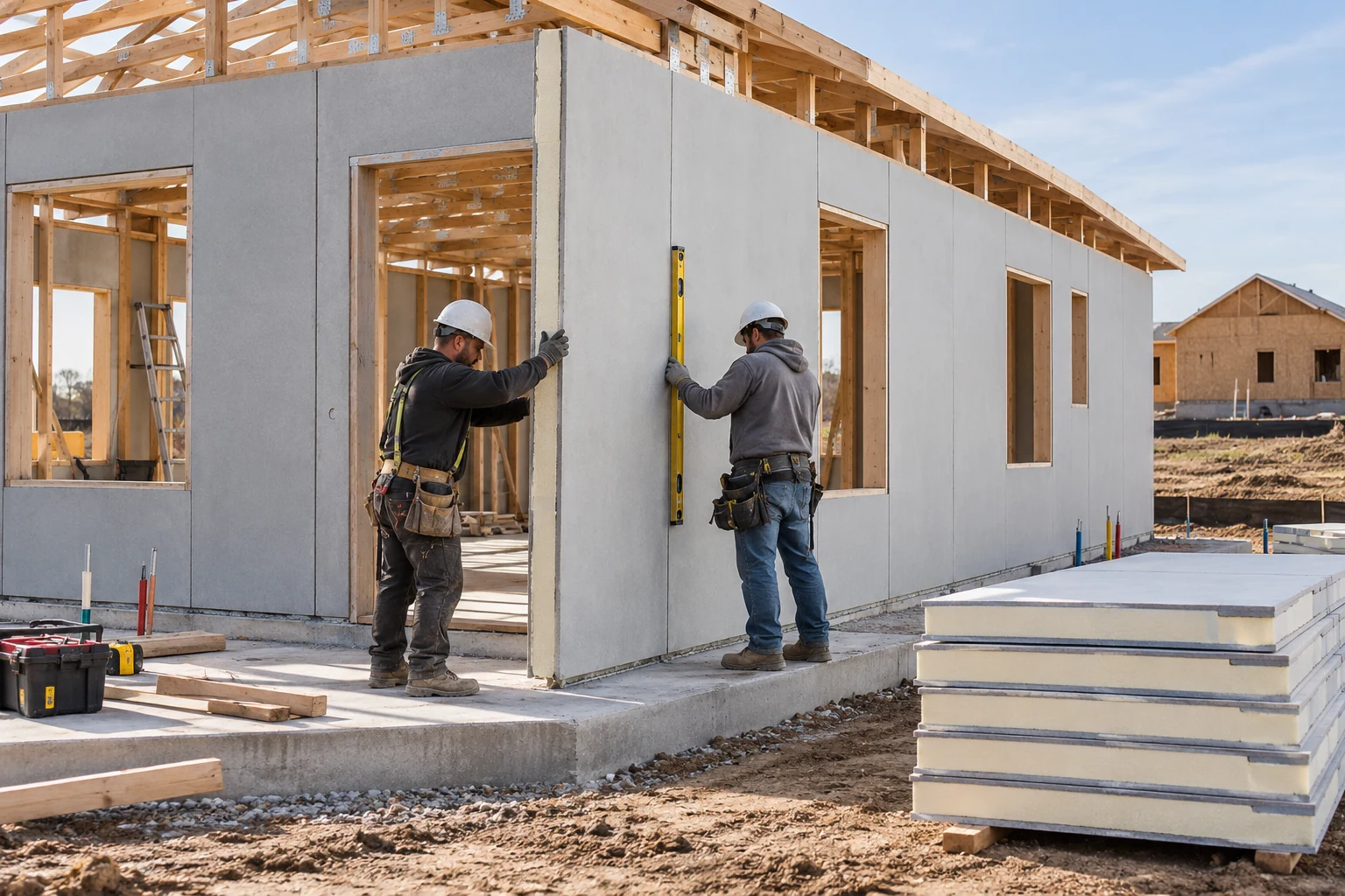Two workers positioning an insulated composite wall panel at a residential construction site, with roof framing and stacked panels nearby